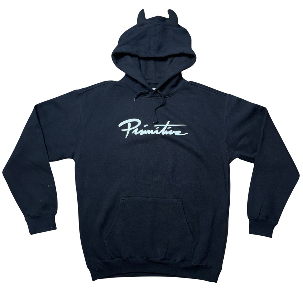 Primitive Script Hoodie Black Men's Pullover With Horns Sz Large Skateboarding